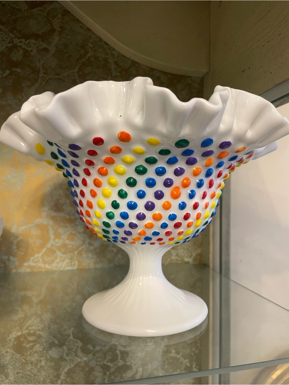 Vintage Rainbow Hobnail Milk Glass Ruffled Edge Pedestal Candy Dish